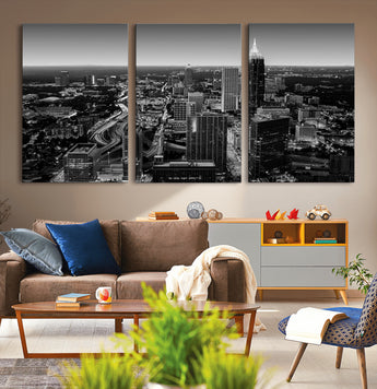 46578567-MGV-CV-36X24-Atlanta Skyline Wall Art – Black and White Cityscape Canvas Print, Modern Urban Night Decor for Office, Living Room, or Apartment