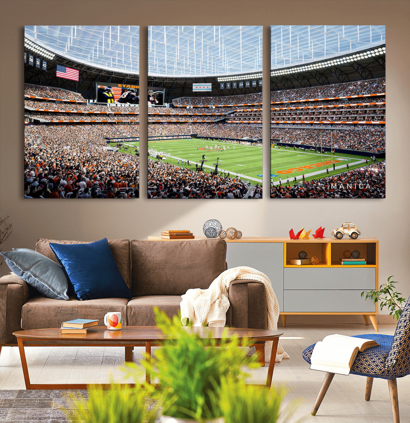 32530647-MGV-CV-36X24-Chicago Bears Stadium Wall Art – Futuristic Dome Arena Canvas Print, Modern Football Concept Design Decor for Man Cave, Bar, or