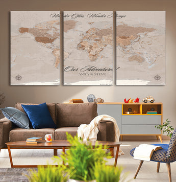95243244-MGV-CV-36X24-Wander Often Wonder Always World Map Wall Art – Neutral Beige Adventure Canvas Print, Rustic Boho Travel Decor for Bedroom, Living