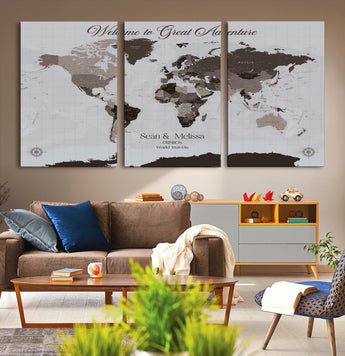 43749658-MGV-CV-36X24-Welcome to Great Adventure World Map Wall Art – Charcoal Gray Canvas Print, Rustic Travel Decor for Living Room, Study, Office or