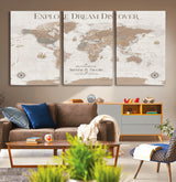 63516865-MGV-CV-36X24-Explore Dream Discover World Map Wall Art – Inspirational Travel Adventure Canvas Print, Neutral Parchment Style Explorer Decor