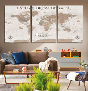 63516865-MGV-CV-36X24-Explore Dream Discover World Map Wall Art – Inspirational Travel Adventure Canvas Print, Neutral Parchment Style Explorer Decor