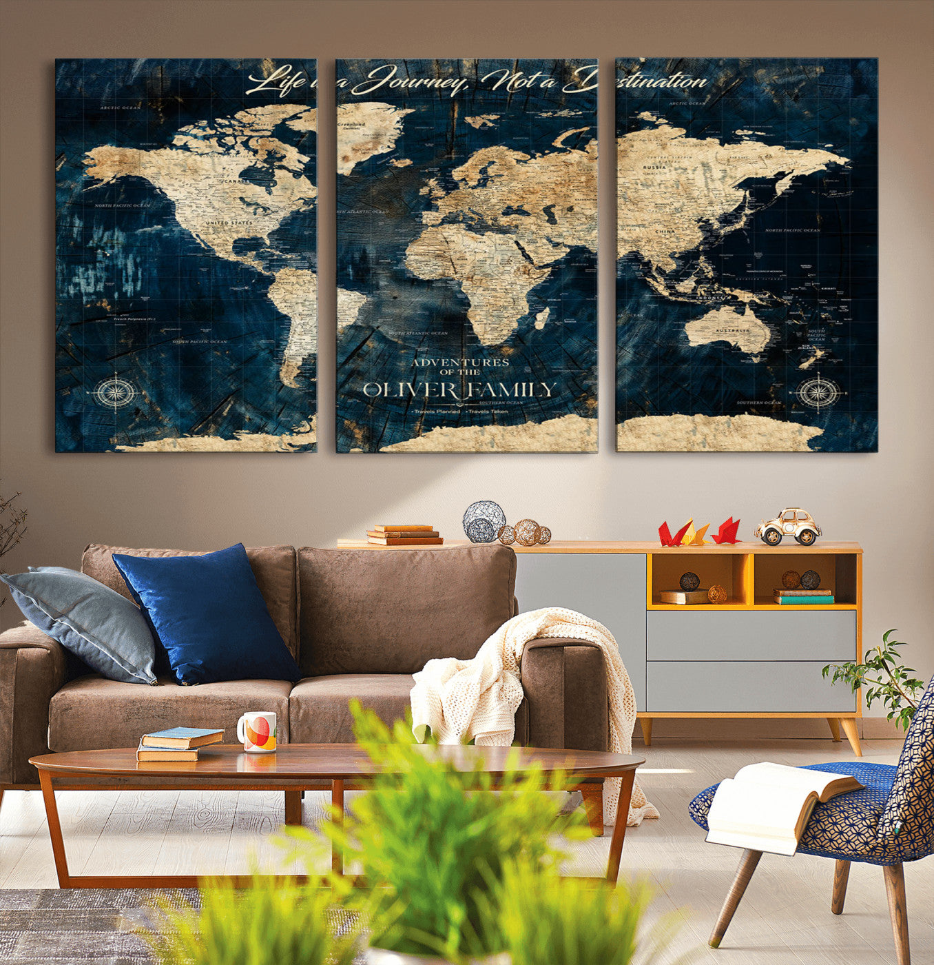 36970886-MGV-CV-36X24-Life is a Journey Not a Destination World Map Rustic Navy Beige Vintage Travel Wall Art Adventure Quote Canvas Print for Home