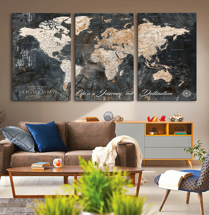 37848568-MGV-CV-36X24-Life is a Journey Not a Destination World Map Rustic Wood Texture Vintage Beige Navy Adventure Wall Art Canvas Print for Home