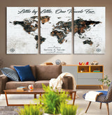 88337180-MGV-CV-36X24-Little by Little One Travels Far Tolkien Quote World Map Rustic Black Brown Adventure Wall Art Canvas Print for Home Office Living