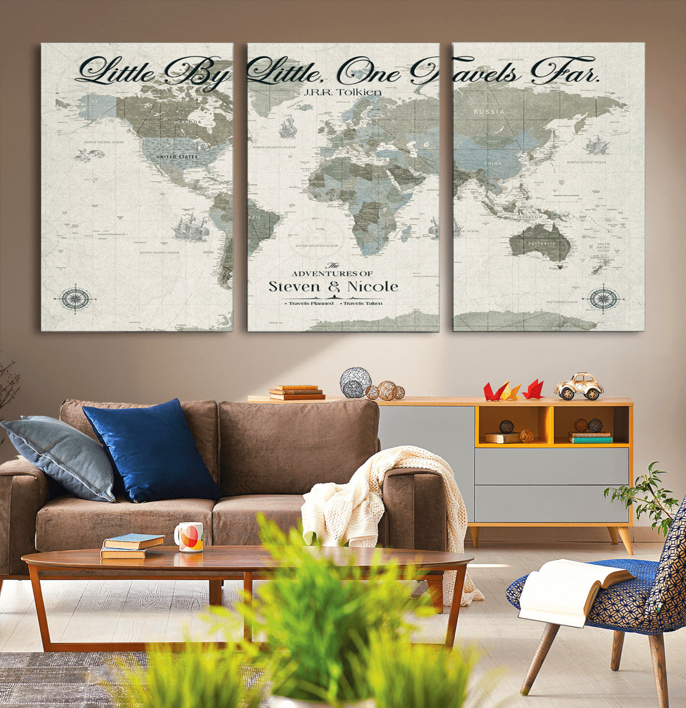 10693204-MGV-CV-36X24-Little By Little One Travels Far Tolkien Quote Blue Green World Map Adventure Wall Art Canvas Print Rustic Wanderlust Travel Decor