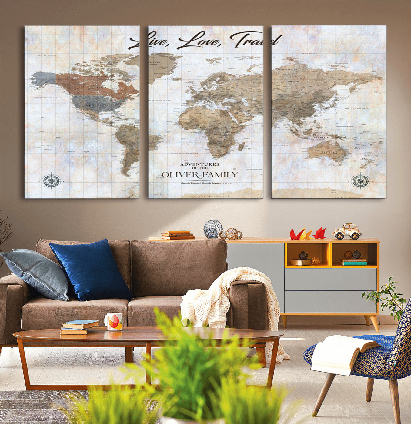 43924907-MGV-CV-36X24-Live Love Travel Wall Art – Neutral World Map Canvas Print, Rustic Adventure Decor for Home, Office or Living Room, Unique Gift