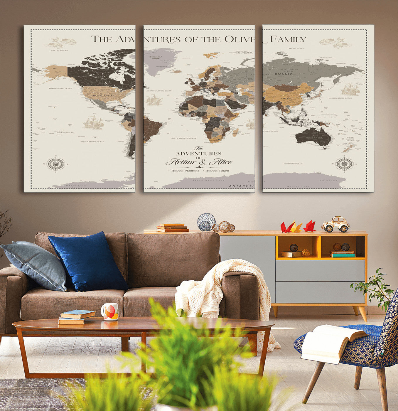 38723540-MGV-CV-36X24-Adventures of the Oliver Family Wall Art – Earth Tone World Map Canvas Print, Minimalist Travel Decor for Living Room, Bedroom or