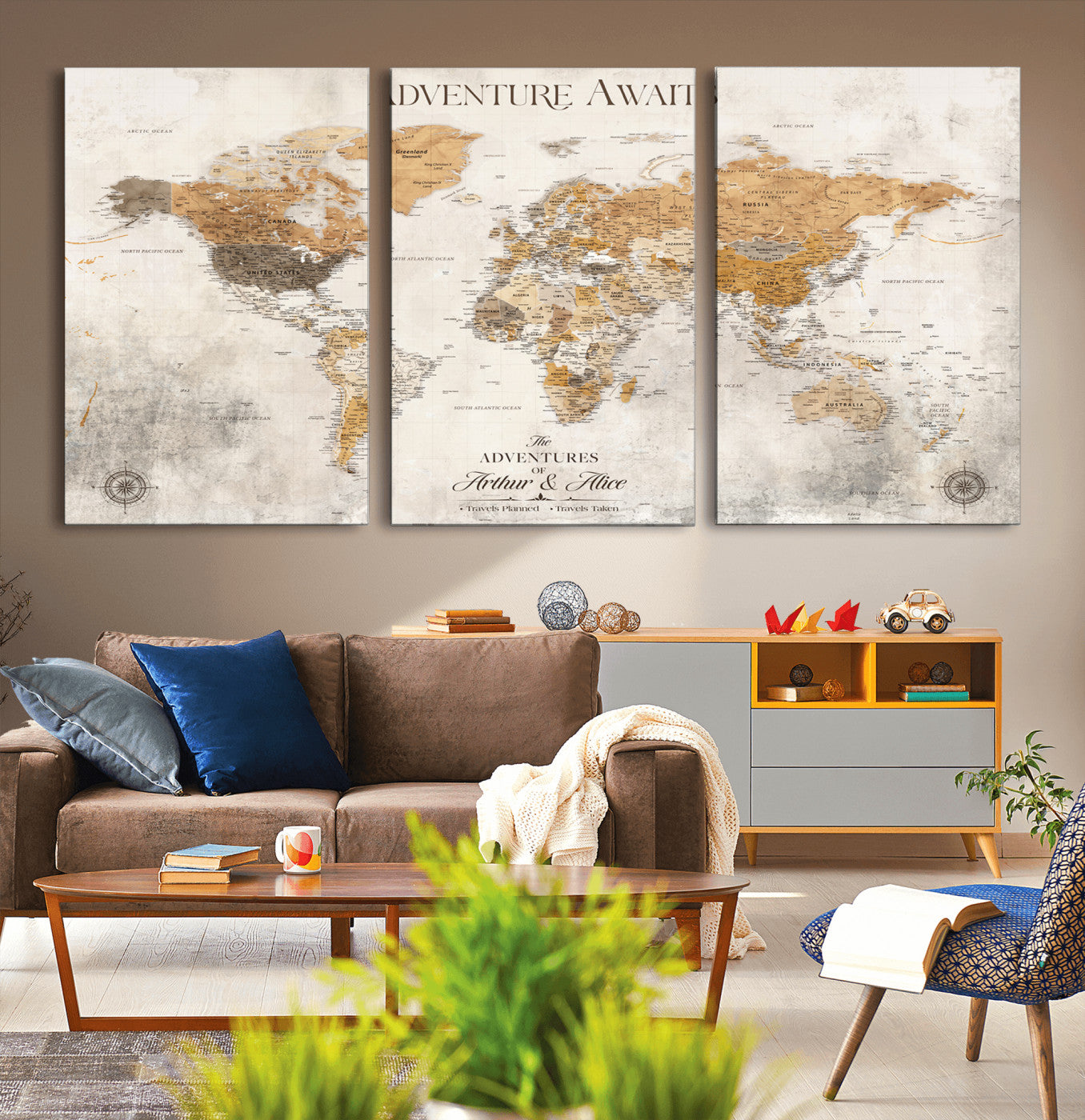 99422096-MGV-CV-36X24-Adventure Awaits World Map Wall Art – Neutral Beige Canvas Print, Modern Travel Inspired Wall Decor for Living Room, Bedroom or