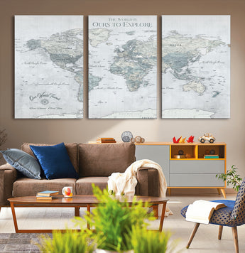 94249974-MGV-CV-36X24-Ours Explore World Map Wall Art – Modern Travel Canvas Print, Neutral Adventure Decor for Living Room, Office, Study, Bedroom,