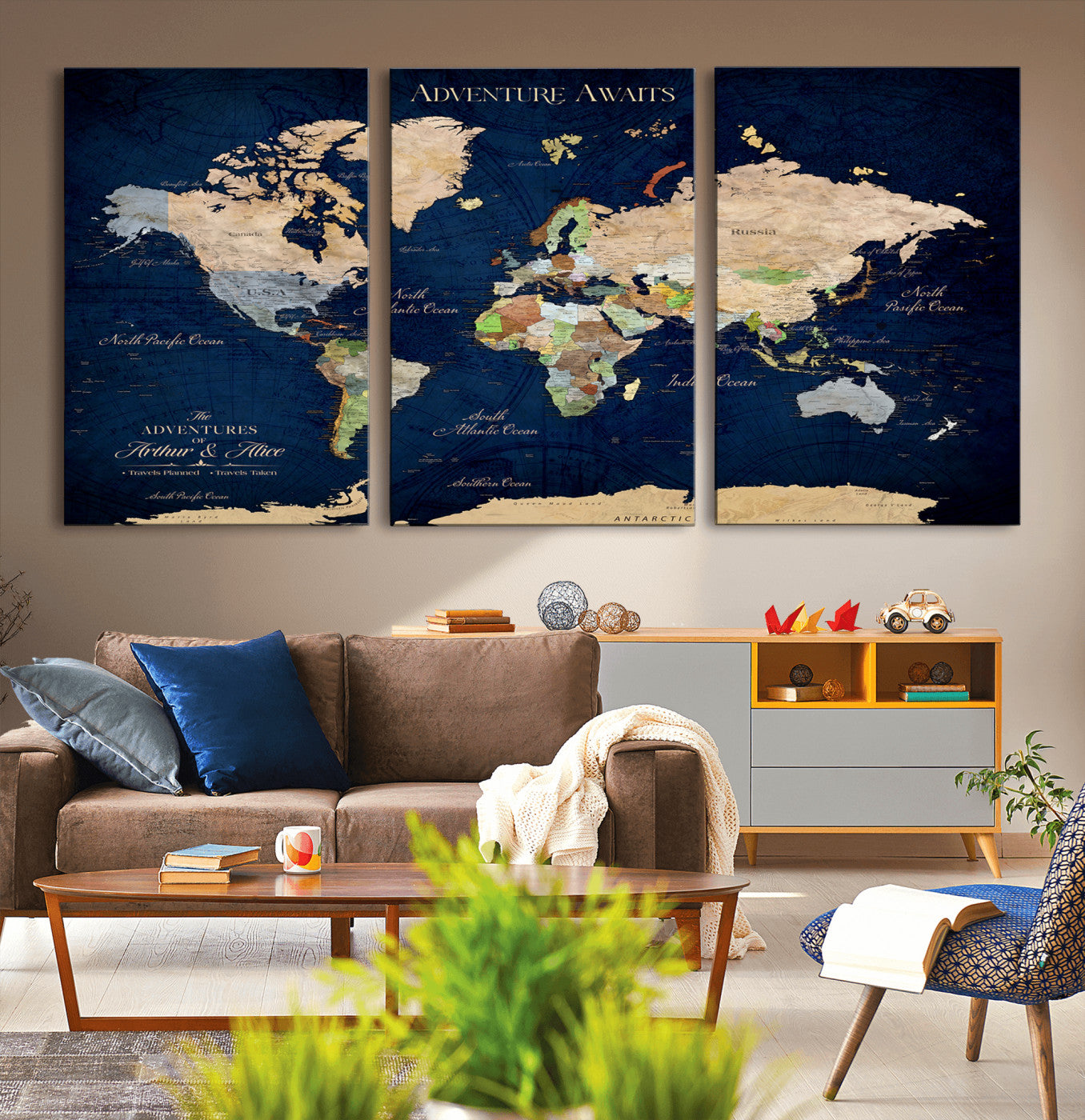43160428-MGV-CV-36X24-Adventure Awaits Navy Blue World Map – Vibrant Travel Canvas Wall Art, Antique Atlas Print, Wanderlust Decor for Home Office