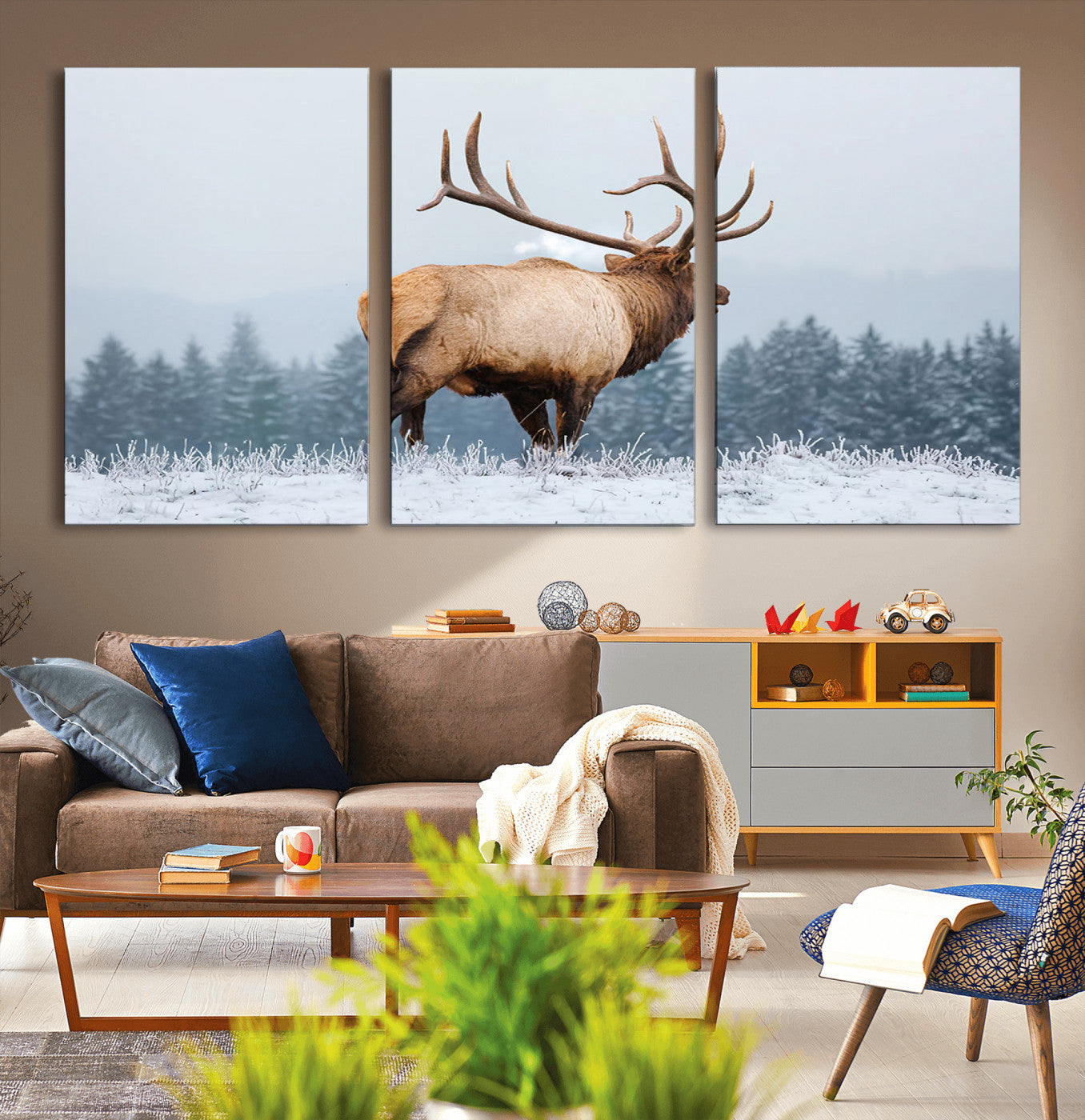85177251-MGV-CV-36X24-Elk Wall Art – Majestic Wildlife Canvas Print of Bull Elk Snowy Forest, Rustic Nature Decor for Living Room, Cabin, or Office