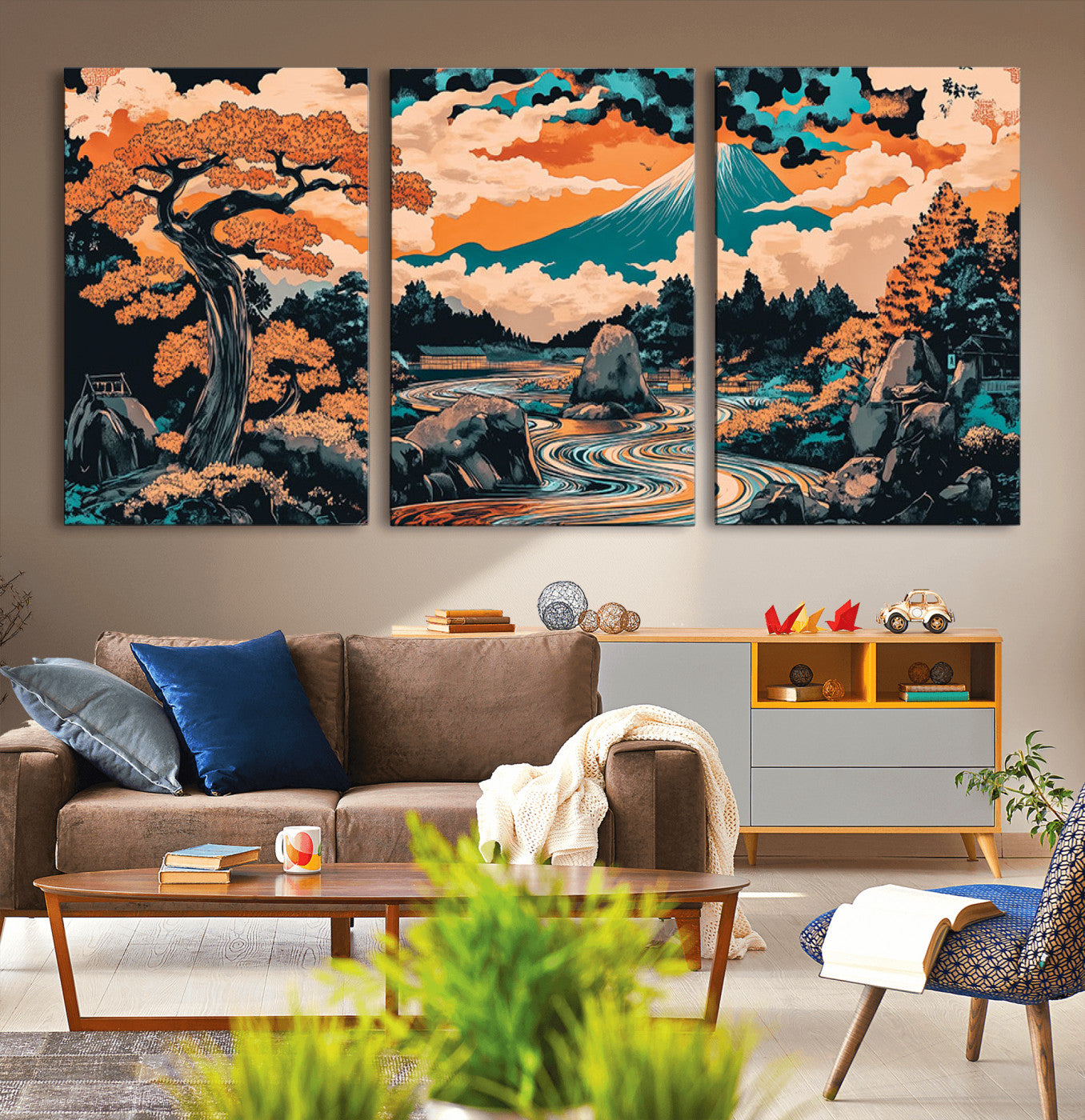 21638941-MGV-CV-36X24-Japanese Landscape Wall Art – Mount Fuji and Flowing River Ukiyo-e Style Canvas Print, Traditional Japan Inspired Artwork for