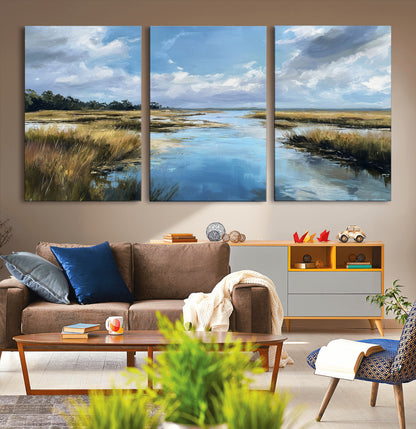 87082041-MGV-CV-36X24-Painted Marshland Canvas Wall Art – Serene Water Reflection, Blue Sky, Golden Grass Landscape, Calm Nature Decor for Home, Office,