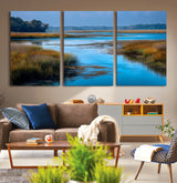 26300004-MGV-CV-36X24-Tranquil Marshland Canvas Wall Art – Blue Water, Reflective Sky, Golden Grasses, Calm Nature Landscape, Scenic Outdoor Beauty for