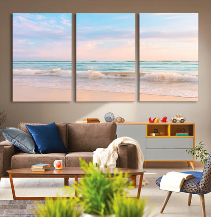 88024944-MGV-CV-36X24-Beach Landscape Wall Art – Coastal Ocean Canvas Print with Gentle Waves and Pastel Sky, Serene Seascape Photography for Living
