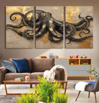 57944271-MGV-CV-36X24-Octopus Wall Art – Black and Gold Nautical Canvas Print, Modern Ocean Inspired Artwork with Elegant Detailing, Coastal Marine