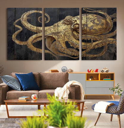 47056538-MGV-CV-36X24-Octopus Wall Art – Gold Nautical Canvas Print with Rustic Wood Texture, Marine Creature Artwork for Coastal Ocean Decoration in