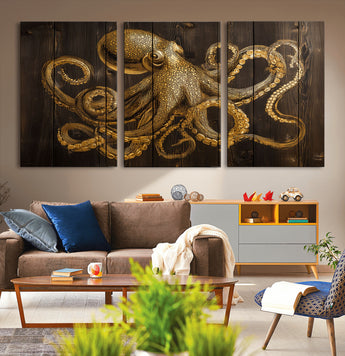 56769669-MGV-CV-36X24-Octopus Wall Art – Gold Nautical Canvas Print with Rustic Wood Panel Design, Detailed Marine Artwork for Coastal Ocean Decoration