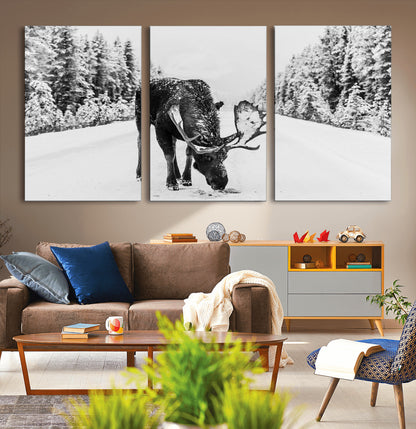 38956835-MGV-CV-36X24-Moose Wall Art – Black and White Wildlife Canvas Print with Snowy Forest Road, Rustic Nature Photography for Cabin, Lodge, Living