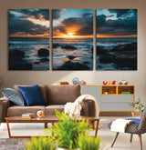 66040852-MGV-CV-36X24-Ocean Sunset Canvas Wall Art – Rocky Shore Waves, Dramatic Clouds, Golden Sun Rays, Coastal Nature, Serene Water Reflection for