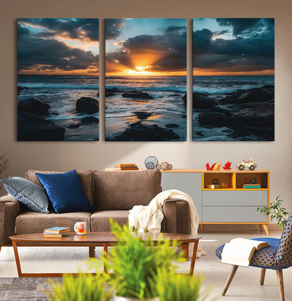 66040852-MGV-CV-36X24-Ocean Sunset Canvas Wall Art – Rocky Shore Waves, Dramatic Clouds, Golden Sun Rays, Coastal Nature, Serene Water Reflection for