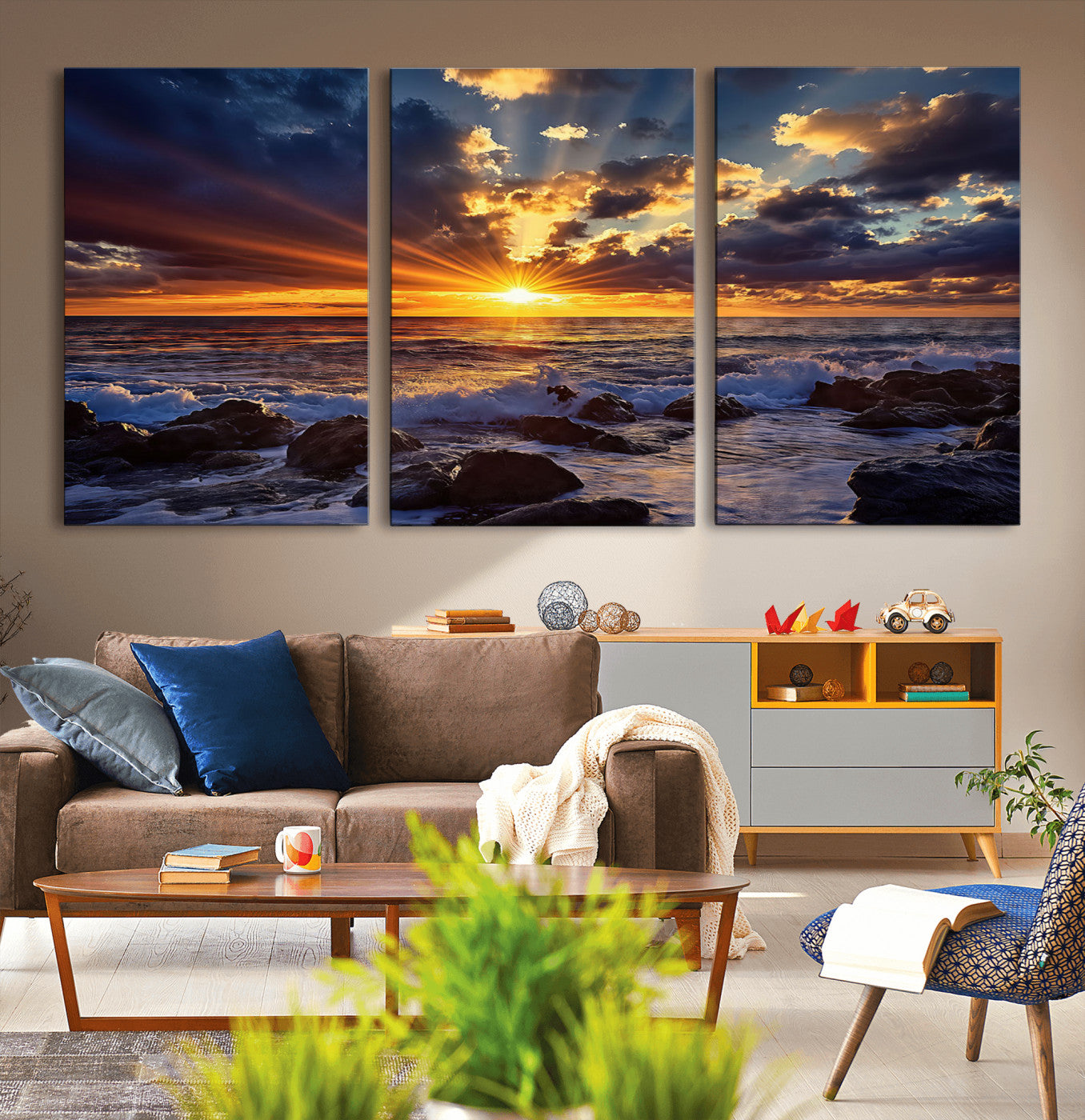 35900590-MGV-CV-36X24-Ocean Sunset Wall Art – Vivid Seascape Canvas Print with Sunburst Sky, Crashing Waves and Rocky Shore, Dramatic Coastal