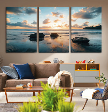 23879436-MGV-CV-36X24-Rocky Ocean Sunset Canvas Wall Art – Seaside Dramatic Seascape, Ocean Sunset Art Print for Coastal Modern Decor for Nature