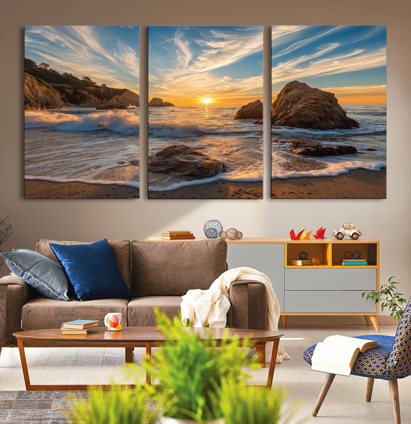 85659923-MGV-CV-36X24-Ocean Sunset Wall Art – Dramatic Seascape Canvas Print with Cliffs, Crashing Waves and Golden Sky, Bold Coastal Photography for