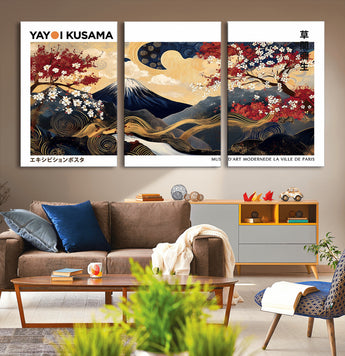 28945903-MGV-CV-36X24-Yayoi Kusama Inspired Japanese Art Canvas Print – Framed Floral & Mt. Fuji Wall Decor, Modern Asian Style Canvas for Home, Office,