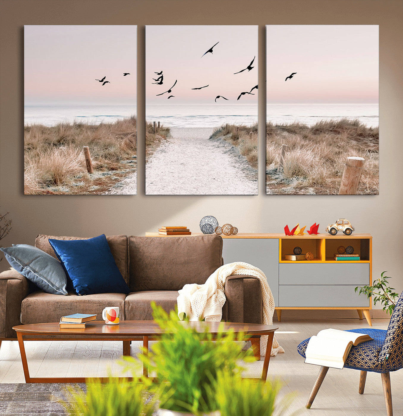 34632598-MGV-CV-36X24-Coastal Pathway Canvas Wall Art – Framed Seaside Landscape, Large Beach and Birds Canvas Print for Home, Office, or Living Room