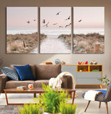 34632598-MGV-CV-36X24-Coastal Pathway Canvas Wall Art – Framed Seaside Landscape, Large Beach and Birds Canvas Print for Home, Office, or Living Room