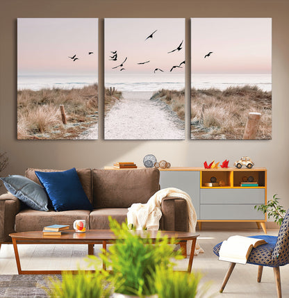 34632598-MGV-CV-36X24-Coastal Pathway Canvas Wall Art – Framed Seaside Landscape, Large Beach and Birds Canvas Print for Home, Office, or Living Room