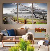 34632598CRY-MGV-CV-36X24-Cherry Blossom Wall Art – Scenic Asian Landscape Canvas Print with Wooden Walkway, Misty Mountains and Sunrise, Serene Nature