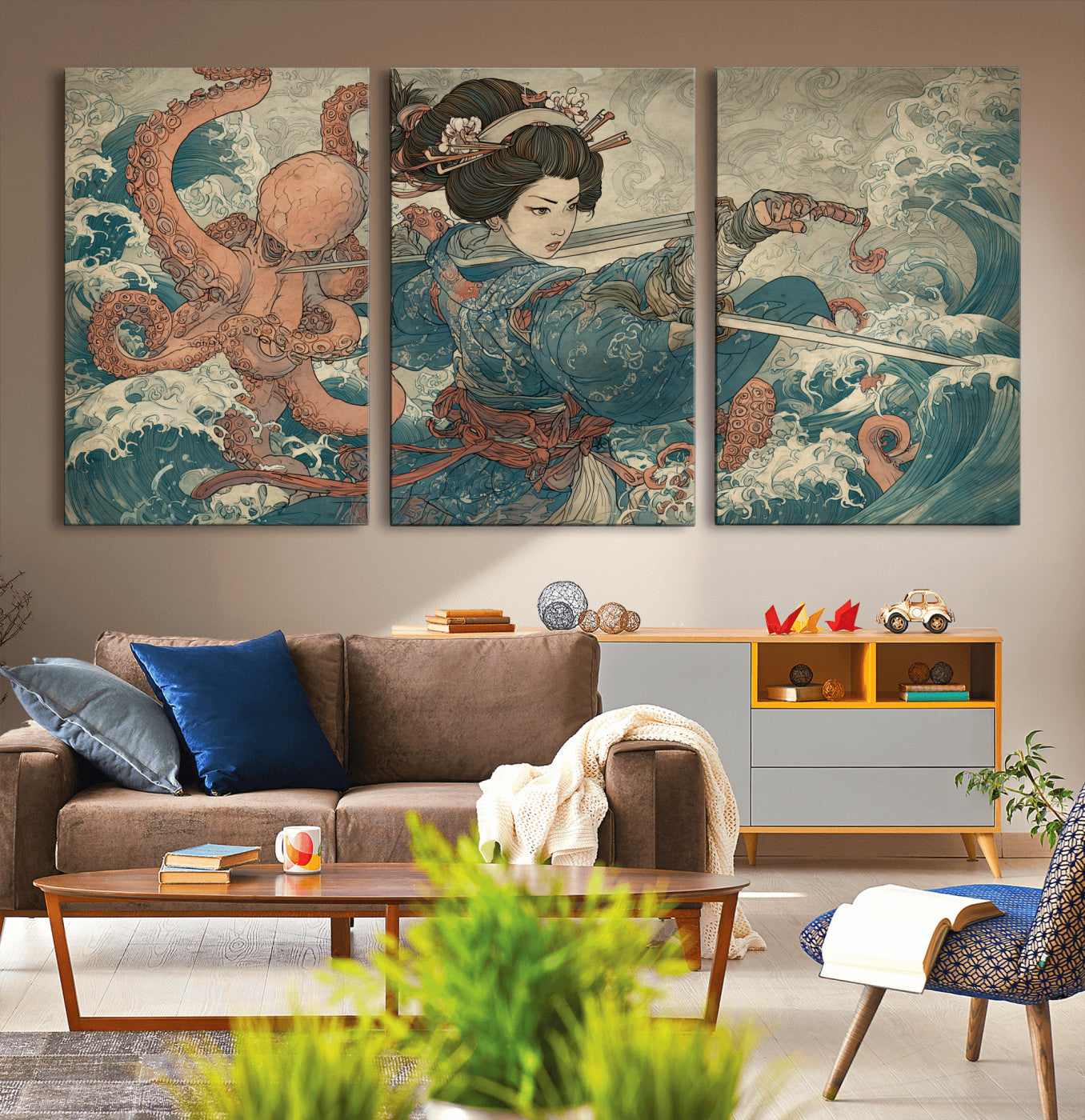 52037775-MGV-CV-36X24-Tsukioka Yoshitoshi Samurai Wall Art Print, Japanese Katana Warrior Canvas Wall Art, Octopus Sea Monster Canvas Print,