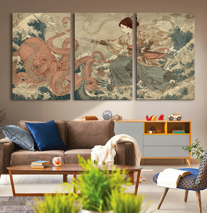 54879547-MGV-CV-36X24-Samurai Woman Wall Art – Japanese Ukiyo-e Style Canvas Print with Katana and Octopus, Traditional Asian Inspired Battle Artwork