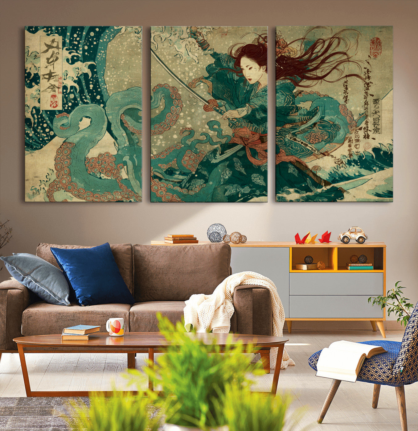 86918027-MGV-CV-36X24-Tsukioka Yoshitoshi Samurai Wall Art Print, Japanese Katana Warrior Canvas Wall Art, Octopus Sea Monster Canvas Print,