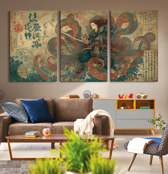 98593115-MGV-CV-36X24-Samurai Warrior vs Octopus Wall Art – Japanese Ukiyo-e Calligraphy Canvas Print, Ocean Battle Scene Artwork for Living Room,