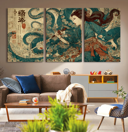 18575670-MGV-CV-60X30-3P-Samurai Woman vs Octopus Wall Art – Japanese Ukiyo-e Ocean Battle Canvas Print, Traditional Warrior Artwork for Living Room,