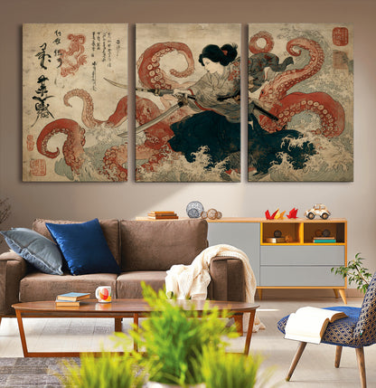50812504-MGV-CV-36X24-Tsukioka Yoshitoshi Samurai Wall Art Print, Japanese Katana Warrior Canvas Wall Art, Octopus Sea Monster Canvas Print,