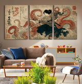 50812504-MGV-CV-36X24-Samurai Woman vs Octopus Wall Art – Japanese Ukiyo-e Red Tentacle Canvas Print, Ocean Battle Artwork for Living Room, Office, Man