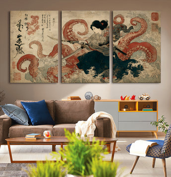 50812504-MGV-CV-36X24-Samurai Woman vs Octopus Wall Art – Japanese Ukiyo-e Red Tentacle Canvas Print, Ocean Battle Artwork for Living Room, Office, Man