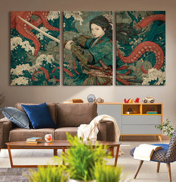 35461724-MGV-CV-36X24-Samurai Woman vs Octopus Wall Art – Japanese Ukiyo-e Ocean Waves Canvas Print, Red Tentacle Battle Artwork for Living Room,