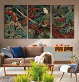 18902796-MGV-CV-36X24-Samurai Woman vs Octopus Wall Art – Japanese Ukiyo-e Green Kimono Canvas Print, Ocean Battle Scene Artwork for Living Room,