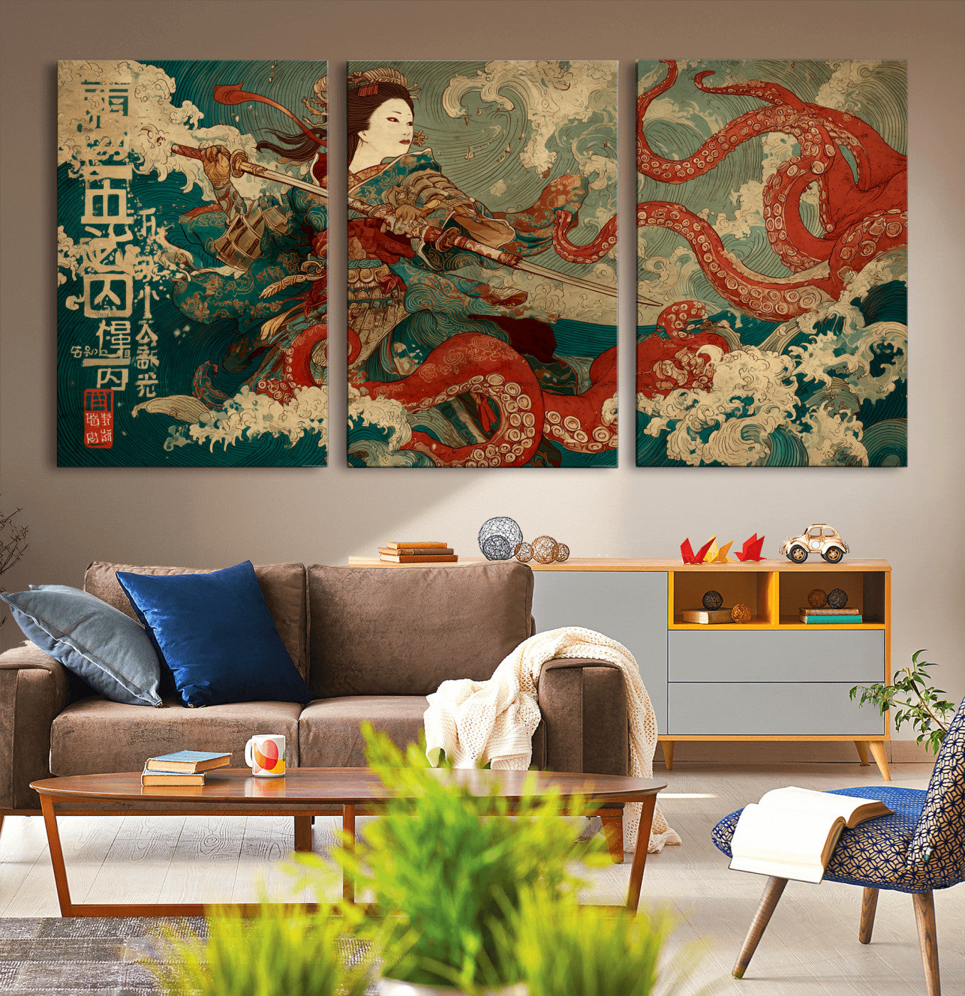 60201267-MGV-CV-36X24-Samurai Woman vs Octopus Wall Art – Japanese Ukiyo-e Armor Canvas Print, Red Tentacle Ocean Battle Artwork for Living Room,