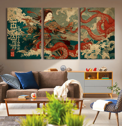 60201267-MGV-CV-36X24-Samurai Woman vs Octopus Wall Art – Japanese Ukiyo-e Armor Canvas Print, Red Tentacle Ocean Battle Artwork for Living Room,