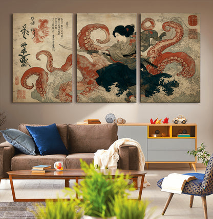 82737246-MGV-CV-36X24-Samurai Woman vs Octopus Wall Art – Japanese Ukiyo-e Dual Sword Canvas Print, Red Tentacle Ocean Battle Artwork for Living Room,