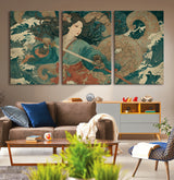 79740258-MGV-CV-36X24-Samurai Woman vs Octopus Wall Art – Japanese Ukiyo-e Blue Kimono Canvas Print, Ocean Battle Artwork for Living Room, Office, Man