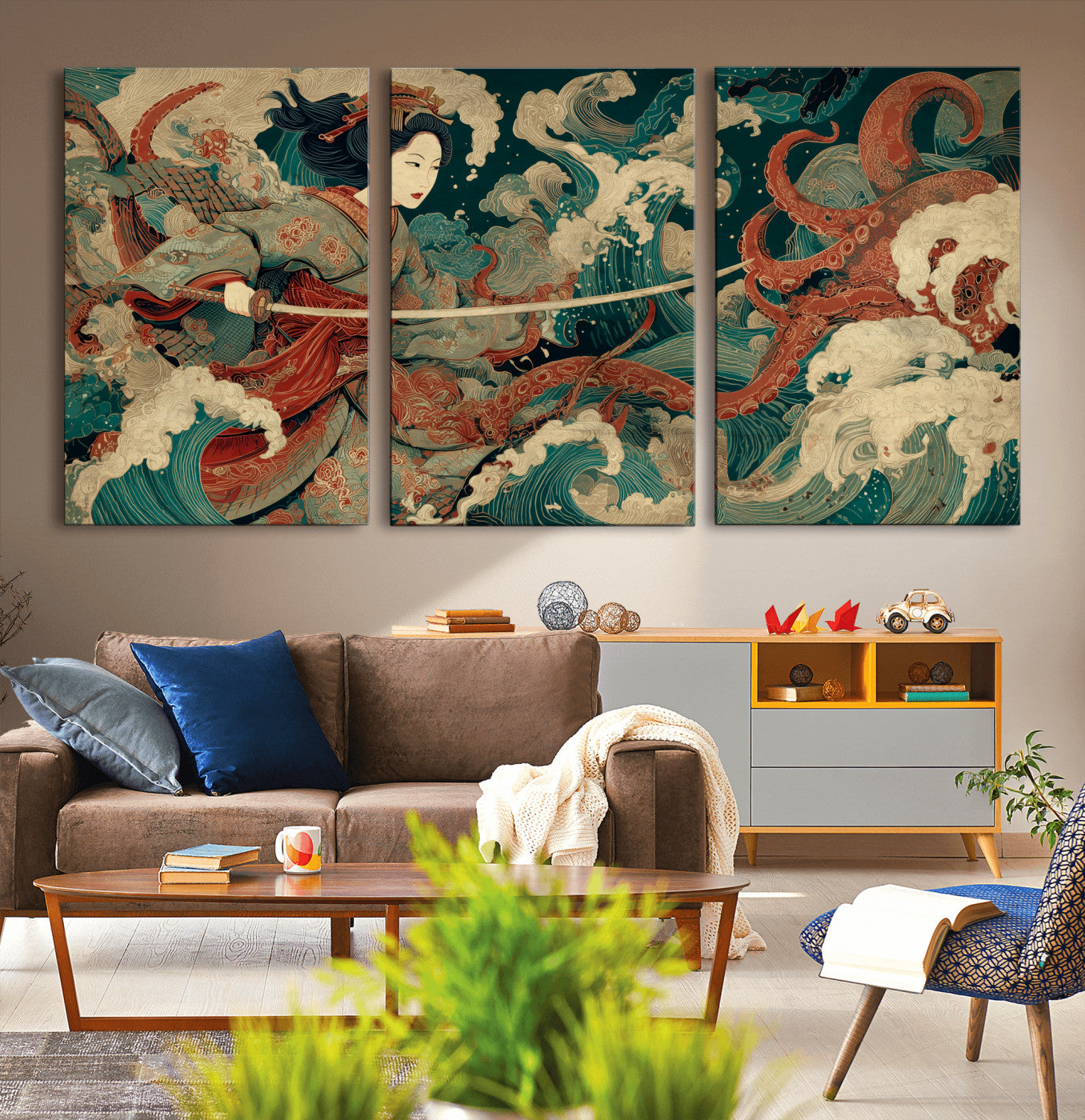 30212982-MGV-CV-36X24-Samurai Woman vs Octopus Wall Art – Japanese Ukiyo-e Style Warrior and Sea Monster Canvas Print, Mythology Inspired Artwork for
