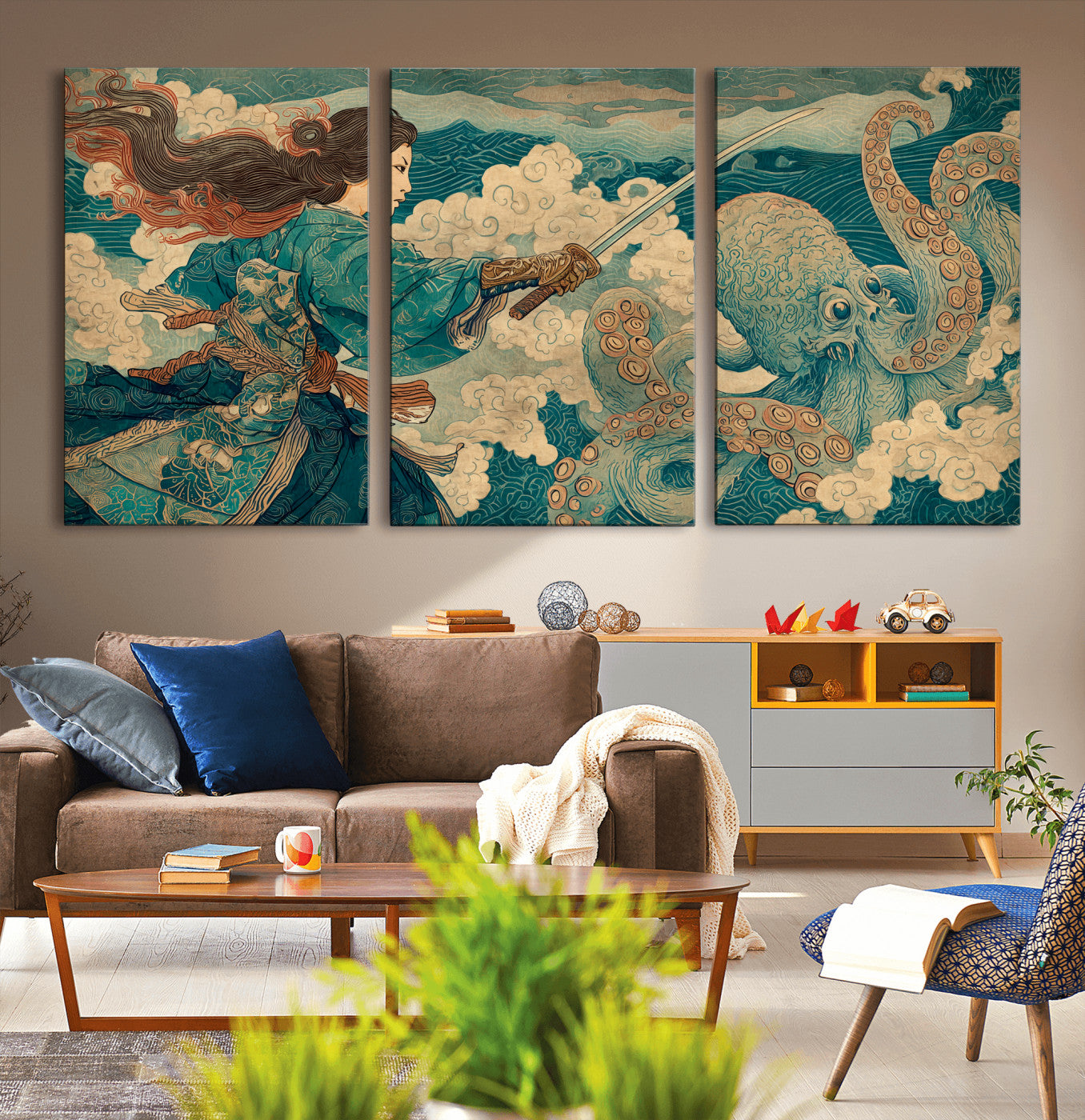 99764195-MGV-CV-36X24-Samurai vs Octopus Wall Art – Japanese Ukiyo-e Style Warrior and Sea Monster Canvas Print, Mythology Inspired Artwork for Living
